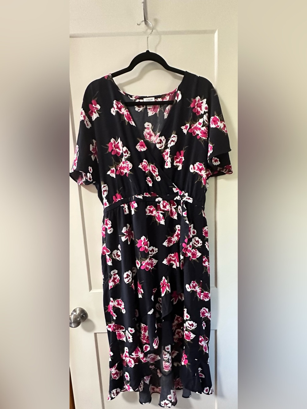 J. Crew Black Floral Wrap Dress with Fuchsia & White Blooms